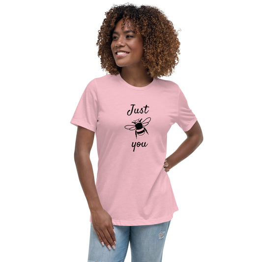 Just Bee You T-Shirt. A pink t-shirt worn by a female model with the a bee on the front and phrase "Just Bee You"